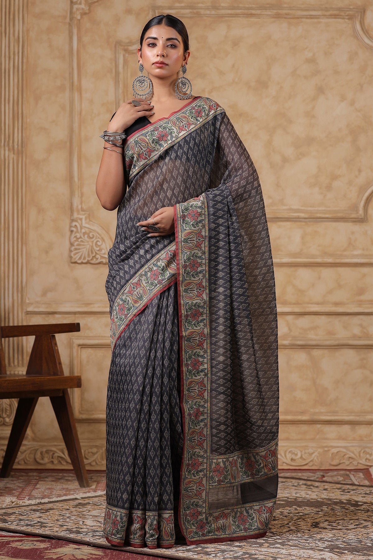 Grey Cotton Printed Saree