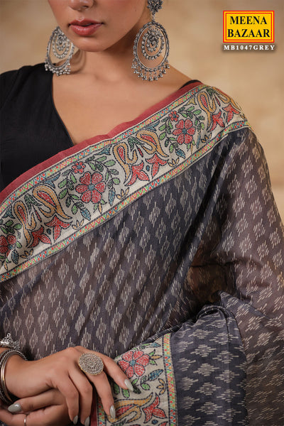 Grey Cotton Printed Saree