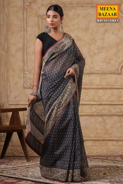 Grey Cotton Printed Saree