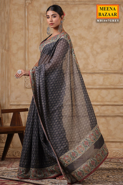 Grey Cotton Printed Saree