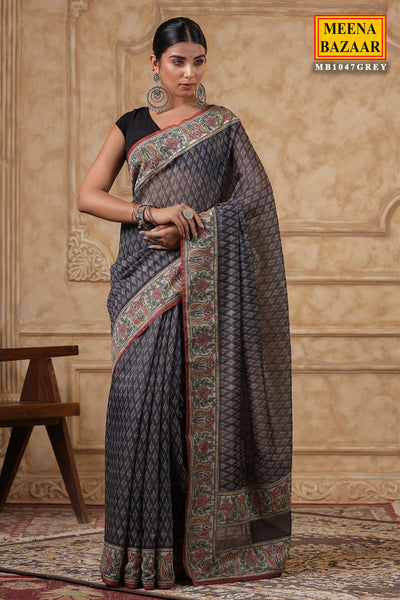 Grey Cotton Printed Saree