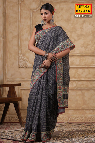 Grey Cotton Printed Saree