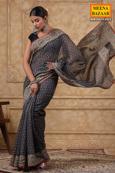 Grey Cotton Printed Saree