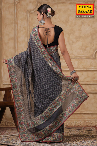 Grey Cotton Printed Saree