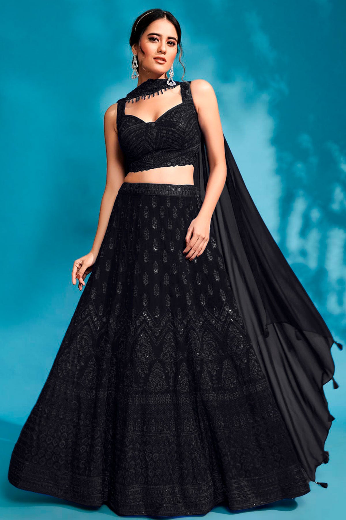 Black Georgette Sequins and Threadwork Embroidered 3-Piece Lehenga