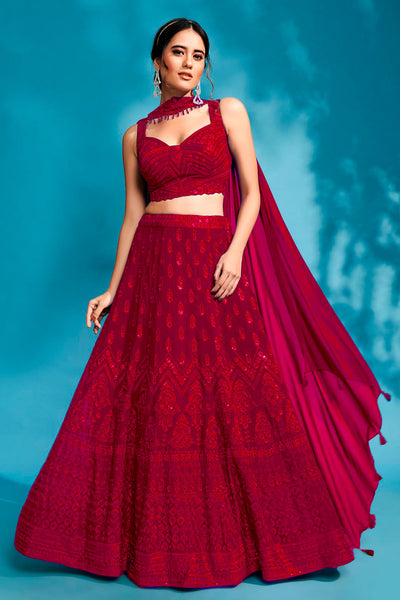 Red Georgette Sequins and Threadwork Embroidered 3-Piece Lehenga