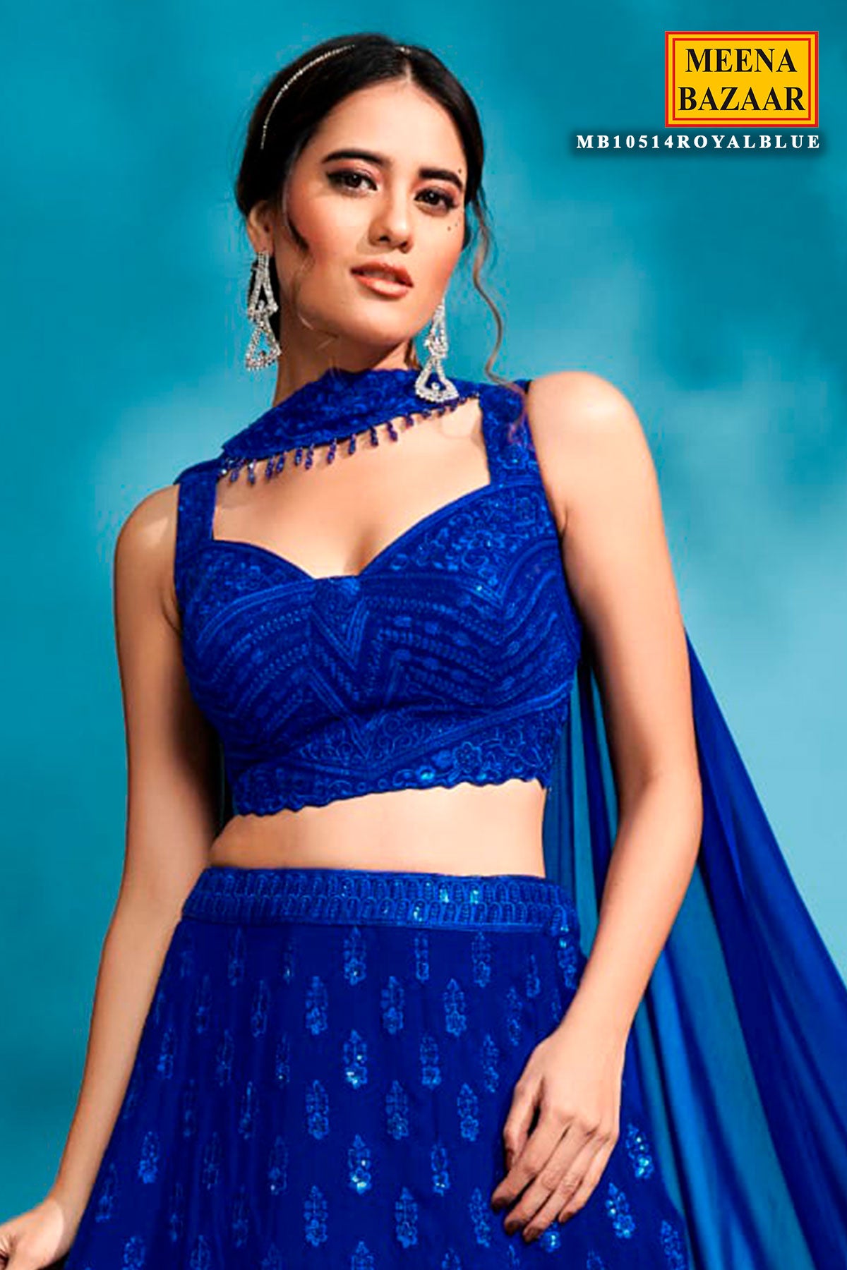 Royal Blue Georgette Sequins and Threadwork Embroidered 3-Piece Lehenga