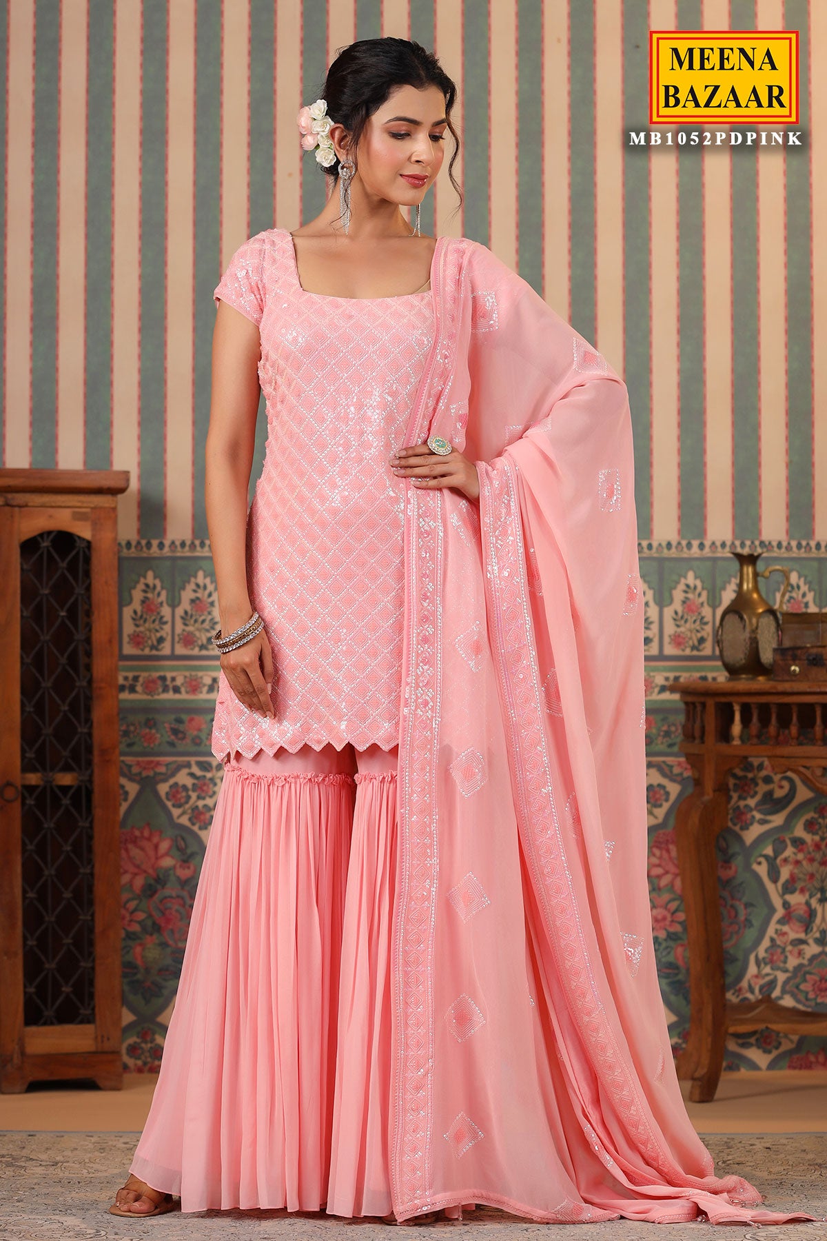 Pink Georgette Sequins Embroidered Gharara Suit