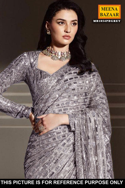 Grey Georgette Sequins Embroidered Saree with Tassels Embellishments