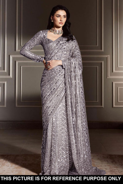 Grey Georgette Sequins Embroidered Saree with Tassels Embellishments