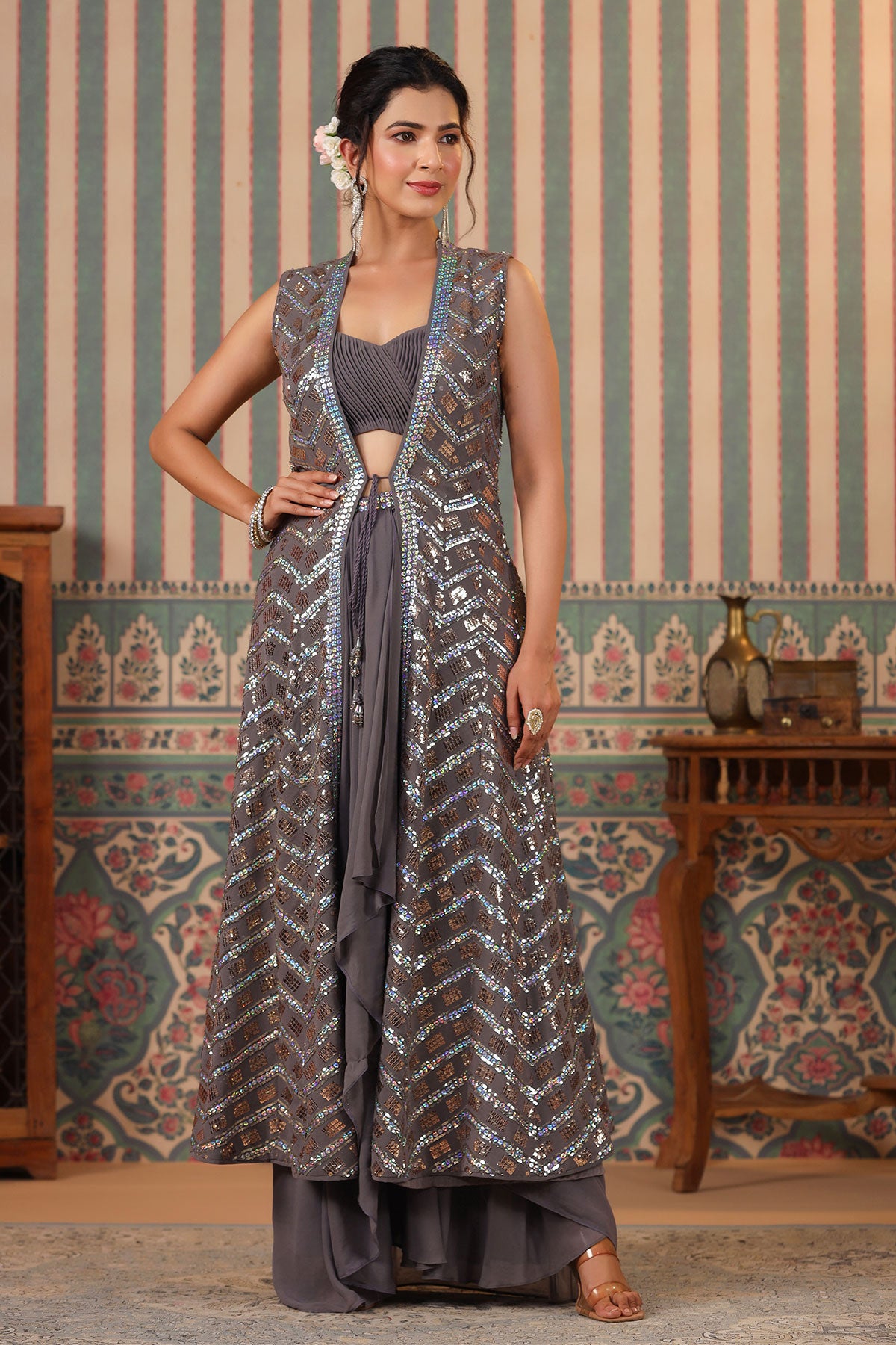 Grey Georgette Sequins Embroidered Bustier-Skirt Cape Set