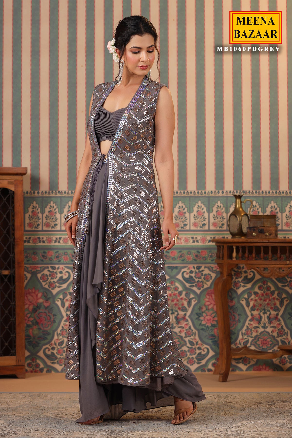 Grey Georgette Sequins Embroidered Bustier-Skirt Cape Set