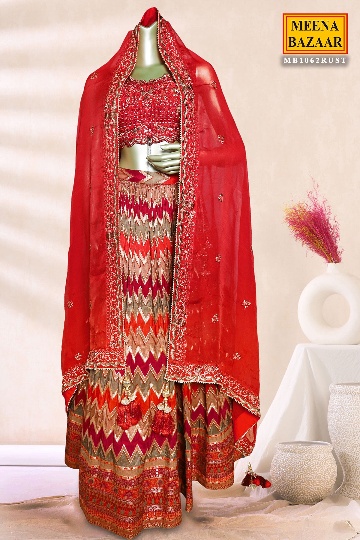 Orangish-Red Georgette Sequins Embroidered Lehenga – Meena Bazaar