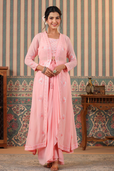 Pink Georgette Sequins Embroidered Bustier-Skirt Cape Set