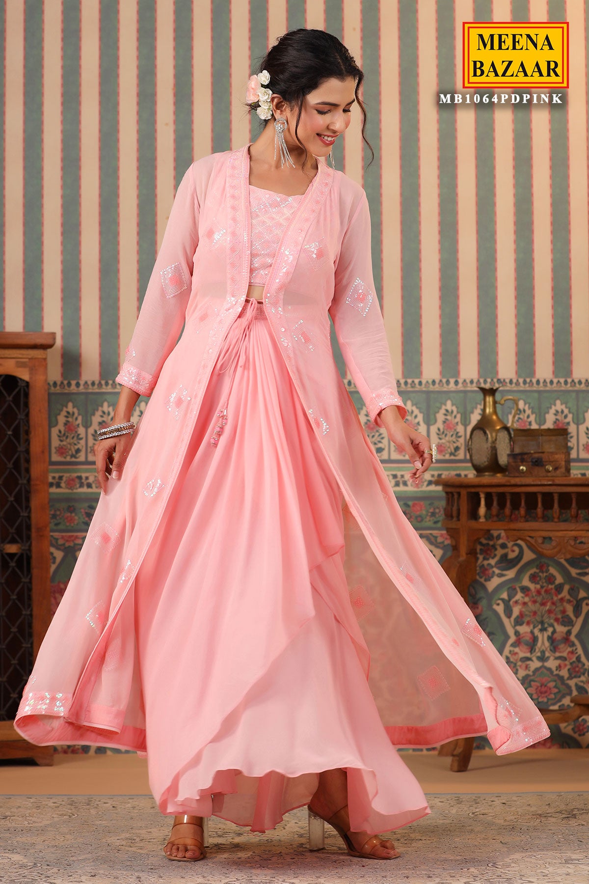 Pink Georgette Sequins Embroidered Bustier-Skirt Cape Set