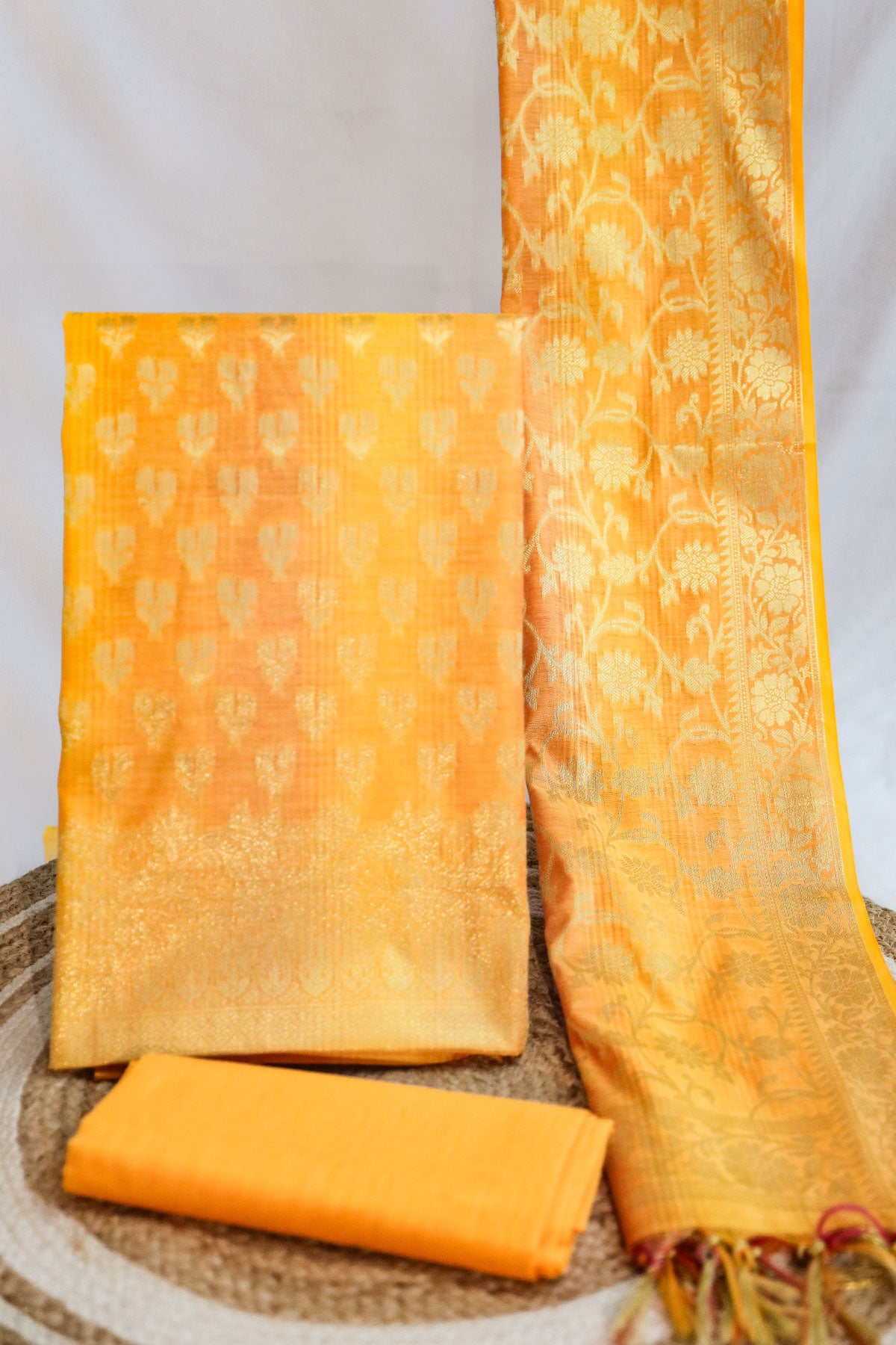 Mustard Chanderi Woven Silk Unstitched Suit