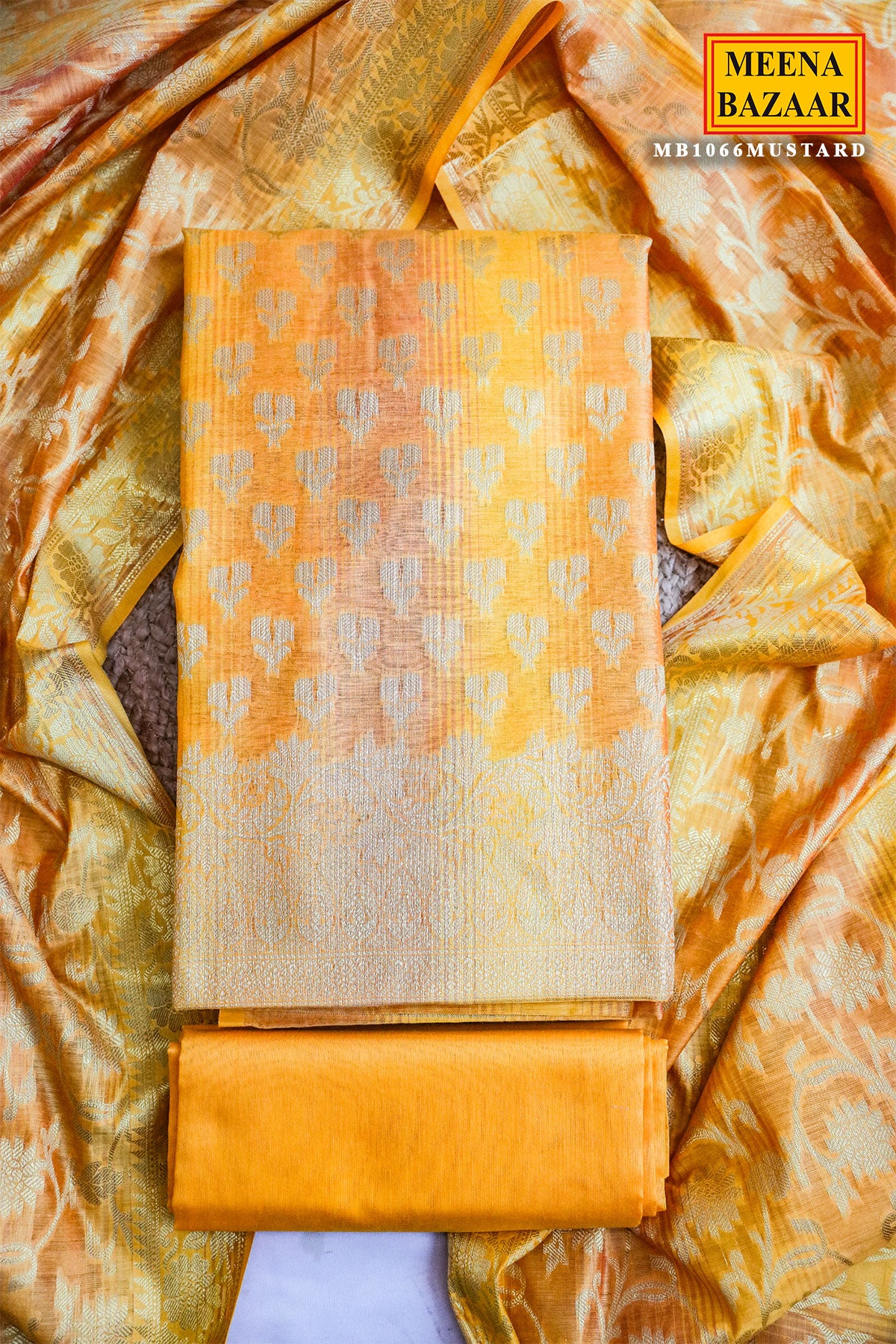 Mustard Chanderi Woven Silk Unstitched Suit
