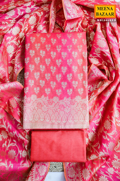 Red Chanderi Weaving Unstitched Suit
