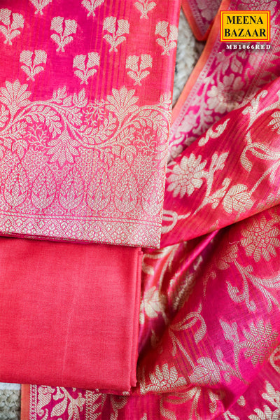 Red Chanderi Weaving Unstitched Suit