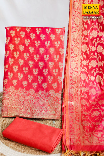 Red Chanderi Weaving Unstitched Suit