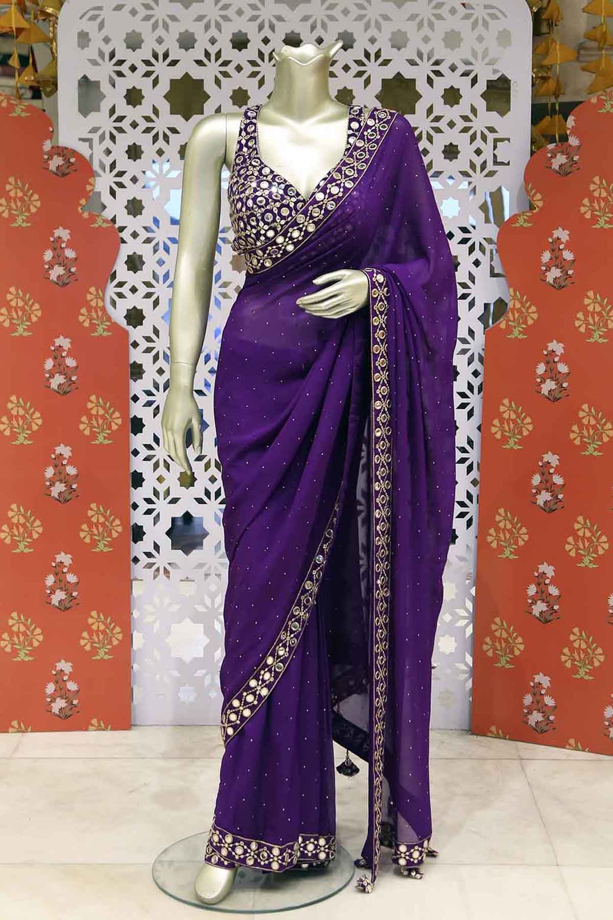 Purple Georgette Mirror Work Saree