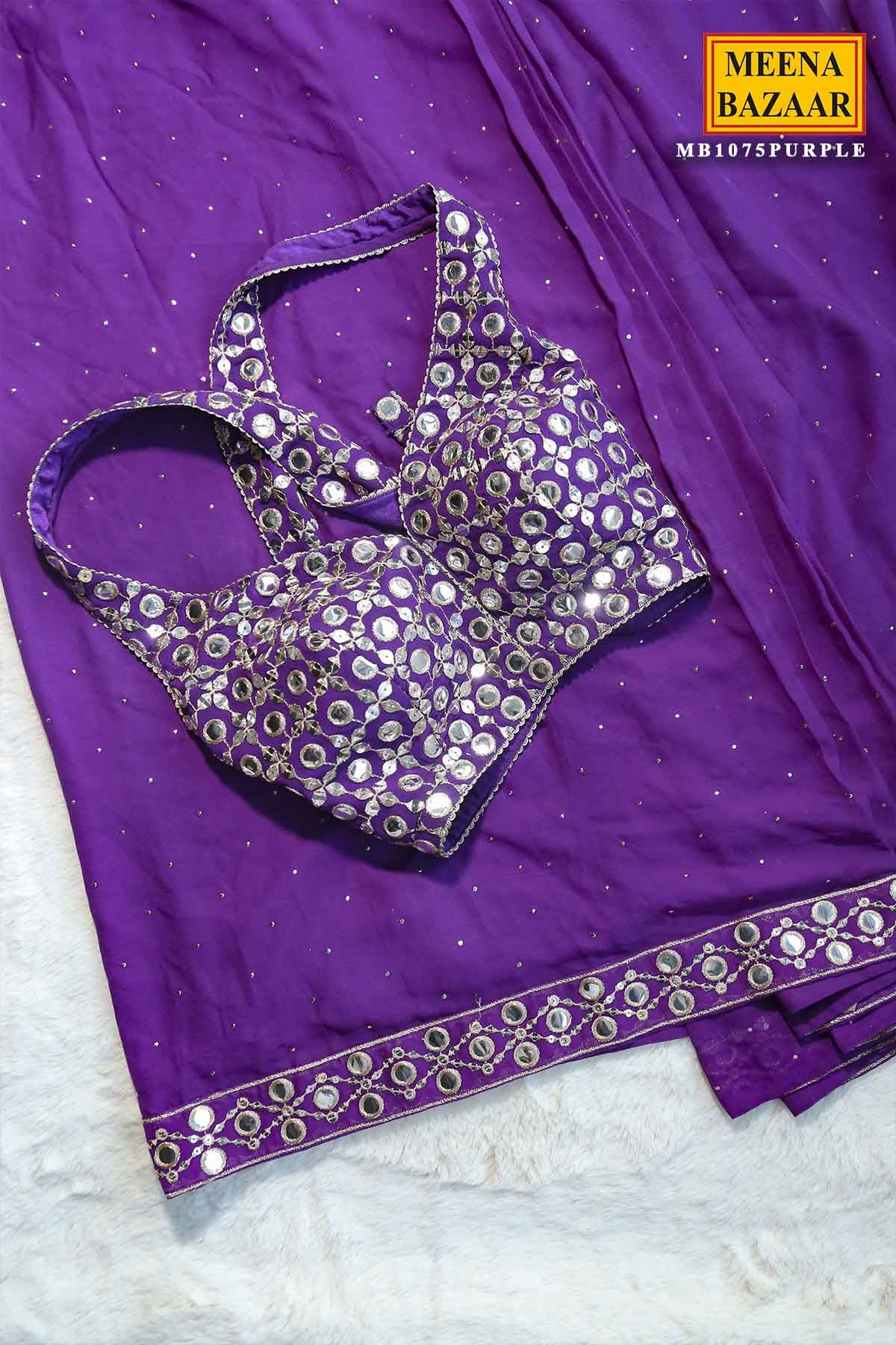 Purple Georgette Mirror Work Saree