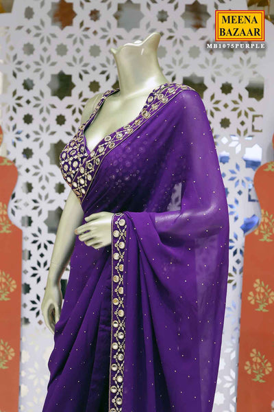 Purple Georgette Mirror Work Saree