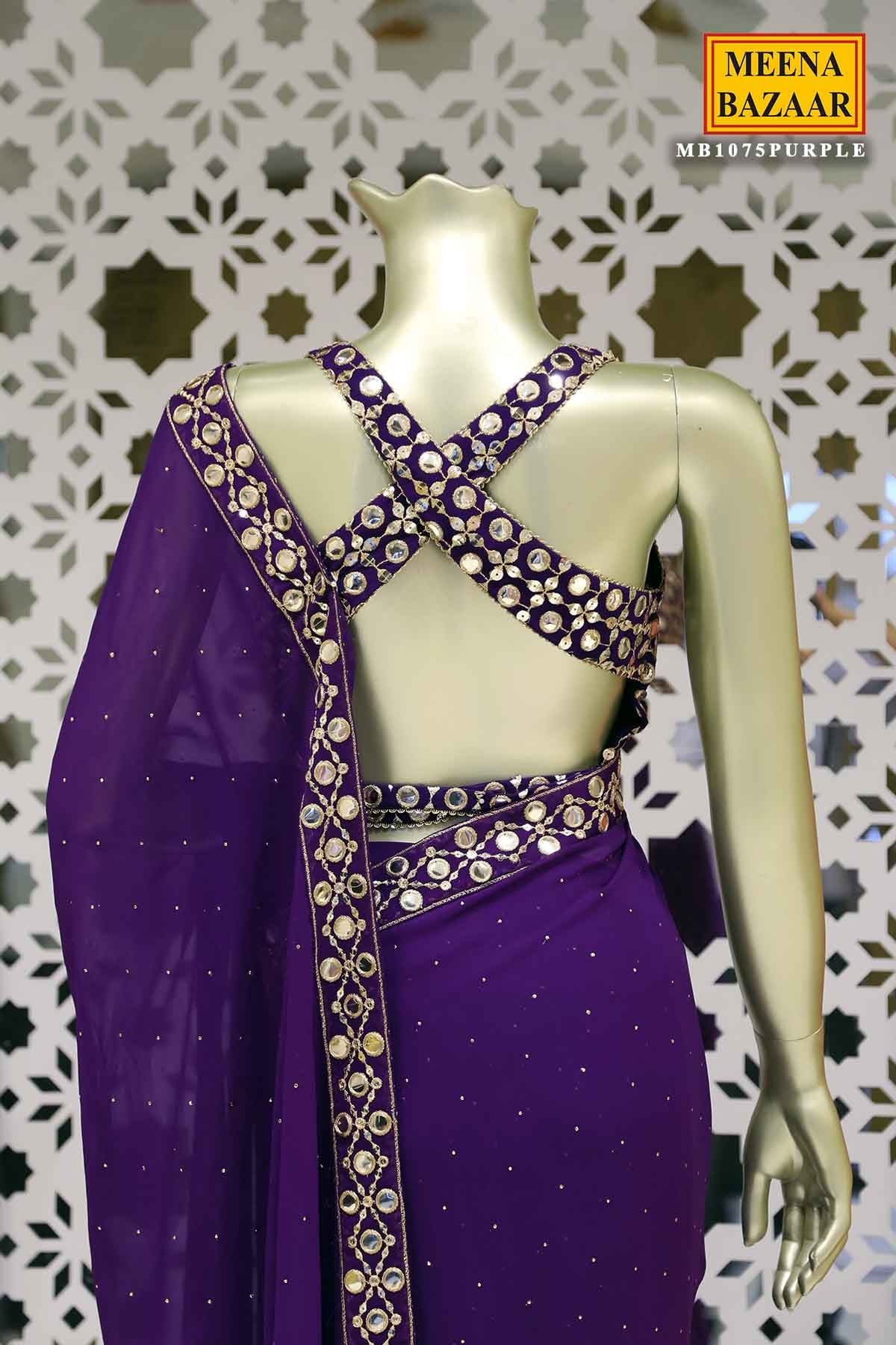 Purple Georgette Mirror Work Saree