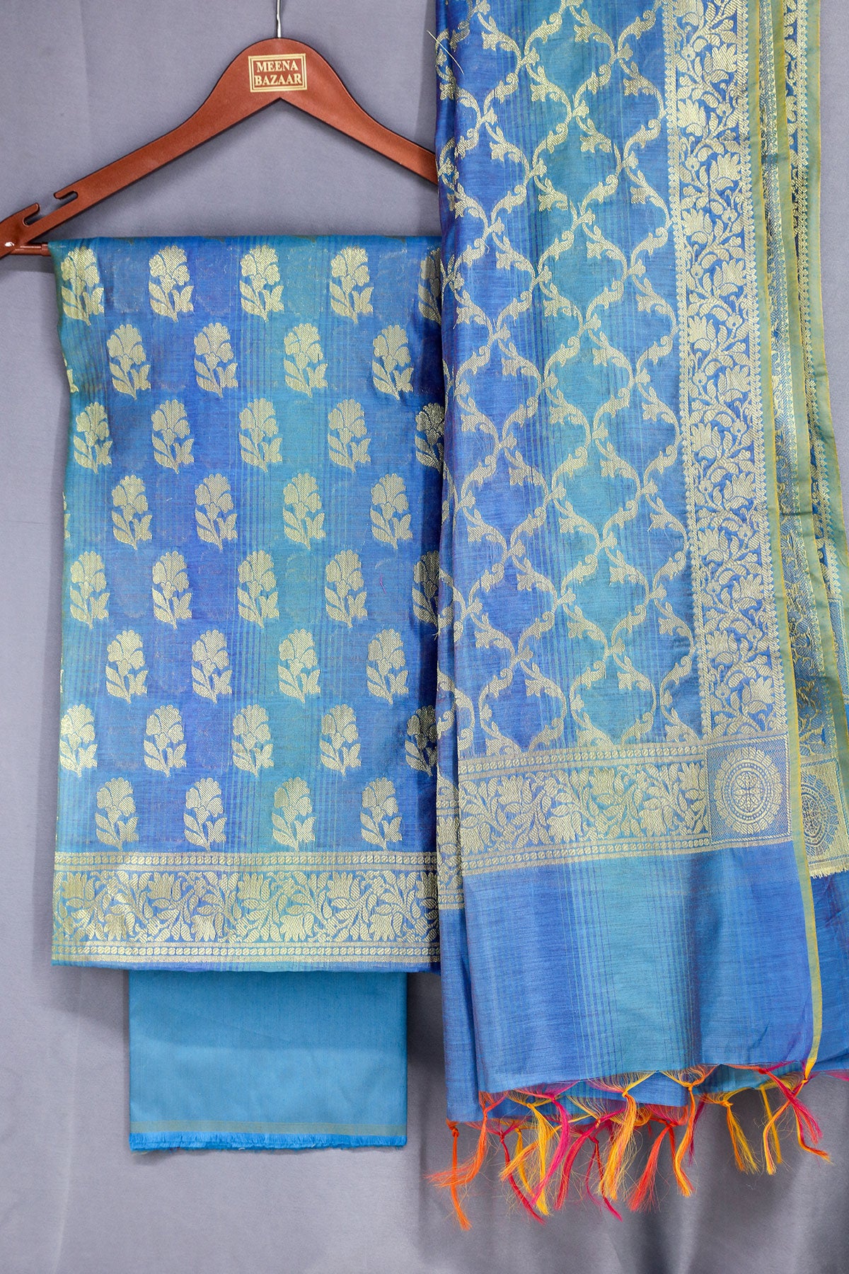 Blue Chanderi Cotton Zari Weaving Suit Set