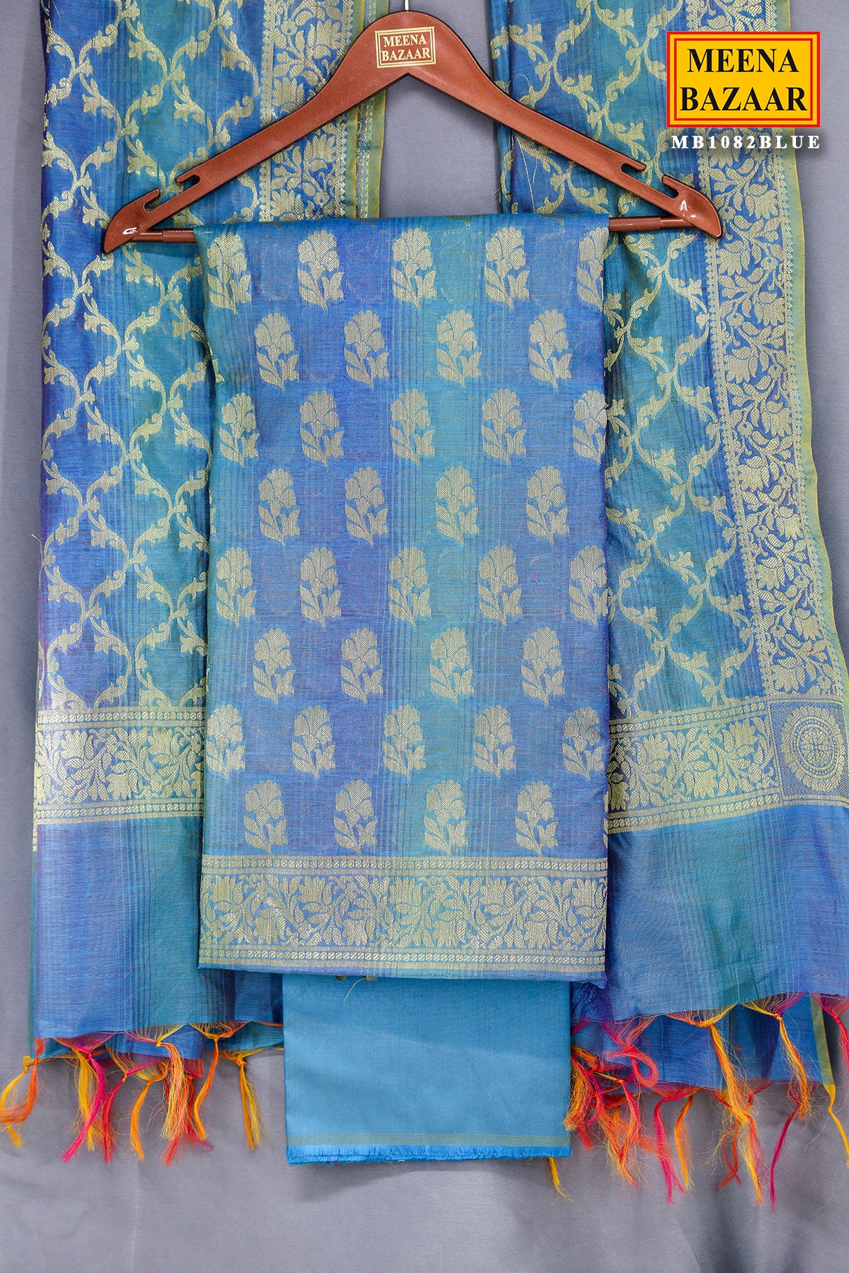 Blue Chanderi Cotton Zari Weaving Suit Set