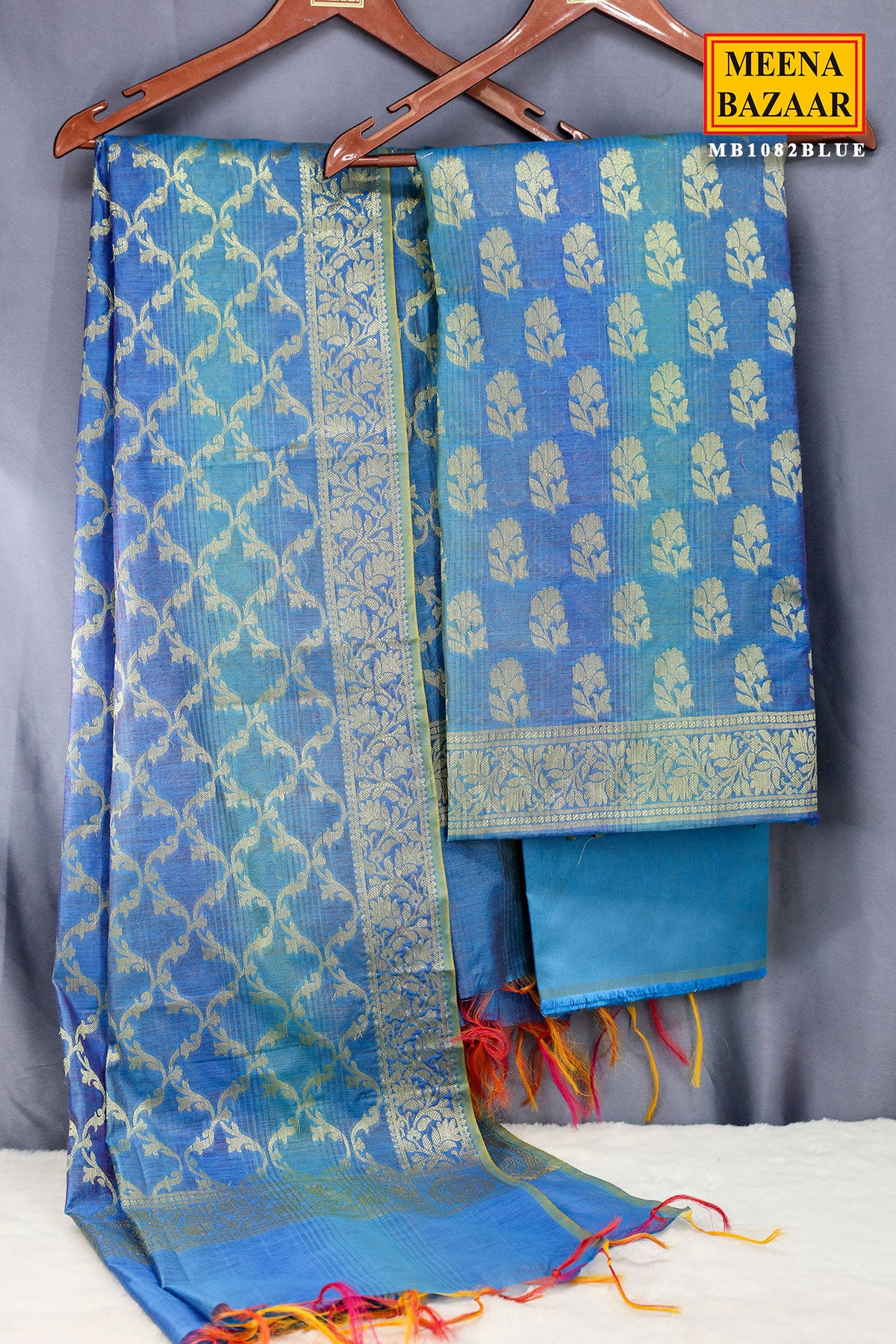 Blue Chanderi Cotton Zari Weaving Suit Set