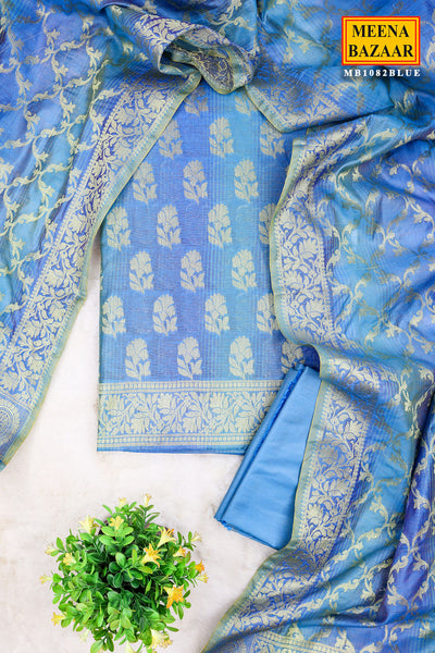 Blue Chanderi Cotton Zari Weaving Suit Set