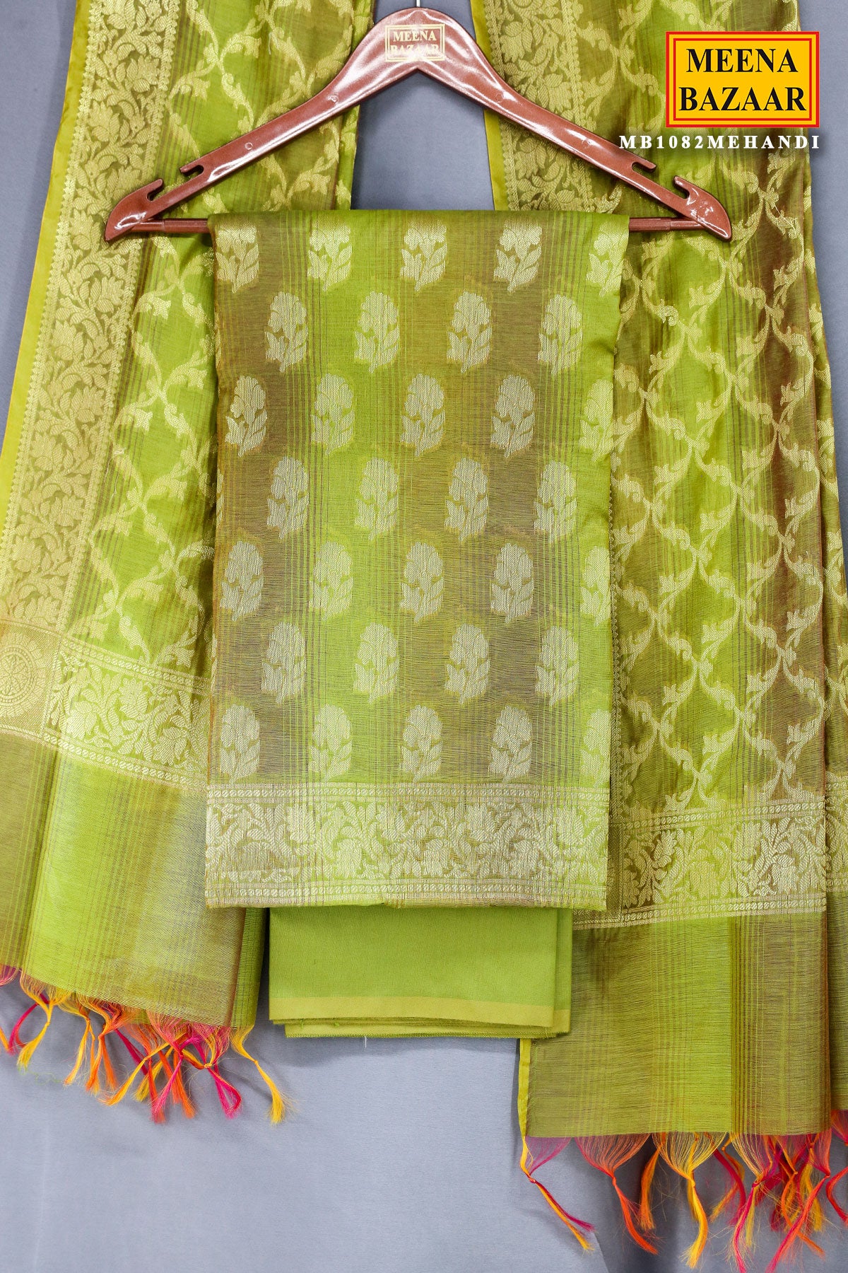 Mehandi Chanderi Cotton Zari Weaving Suit Set