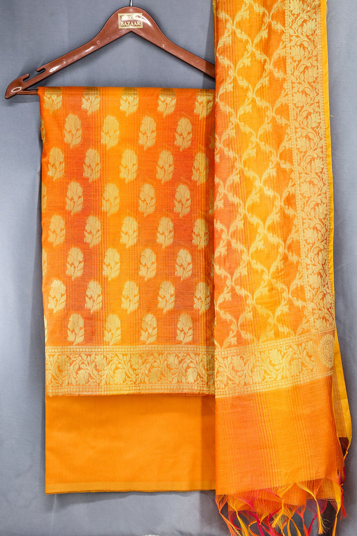 Mustard Chanderi Cotton Zari Weaving Suit Set