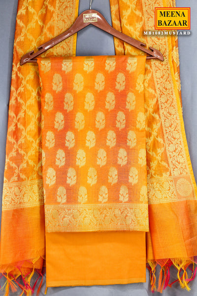 Mustard Chanderi Cotton Zari Weaving Suit Set