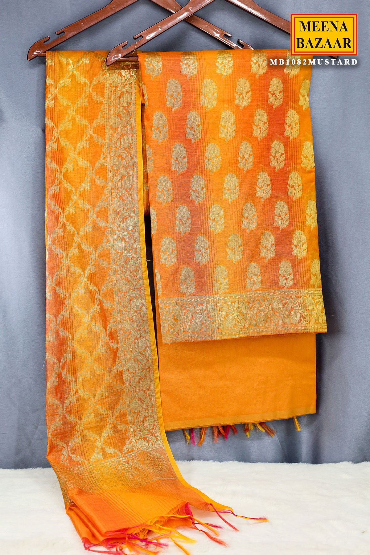 Mustard Chanderi Cotton Zari Weaving Suit Set