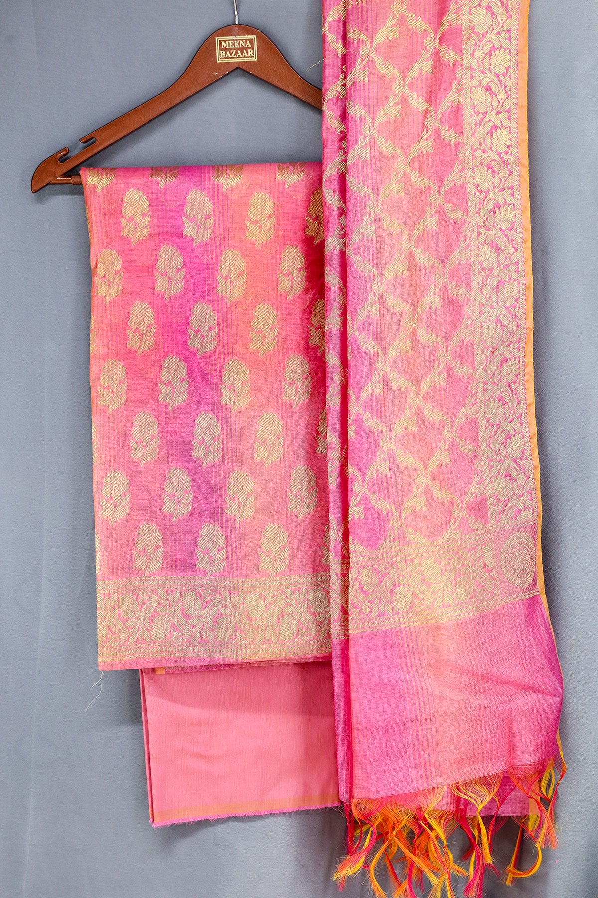 Pink Chanderi Cotton Zari Weaving Suit Set