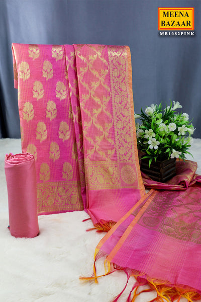 Pink Chanderi Cotton Zari Weaving Suit Set