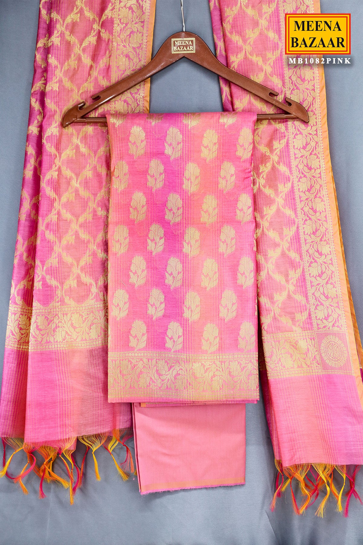 Pink Chanderi Cotton Zari Weaving Suit Set