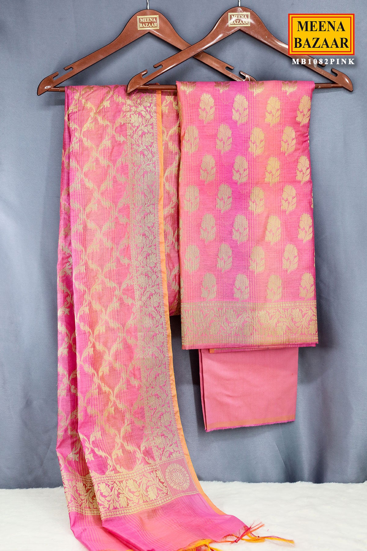 Pink Chanderi Cotton Zari Weaving Suit Set