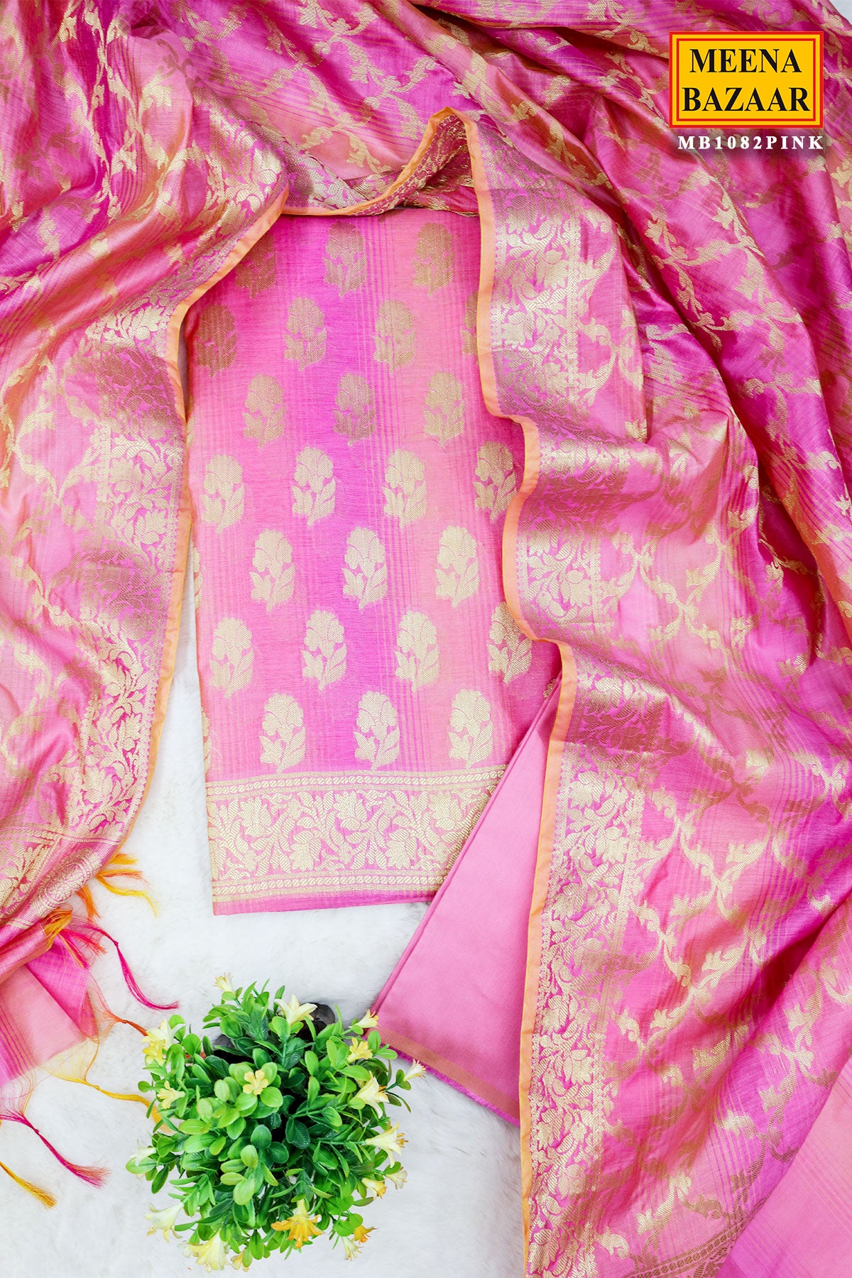 Pink Chanderi Cotton Zari Weaving Suit Set