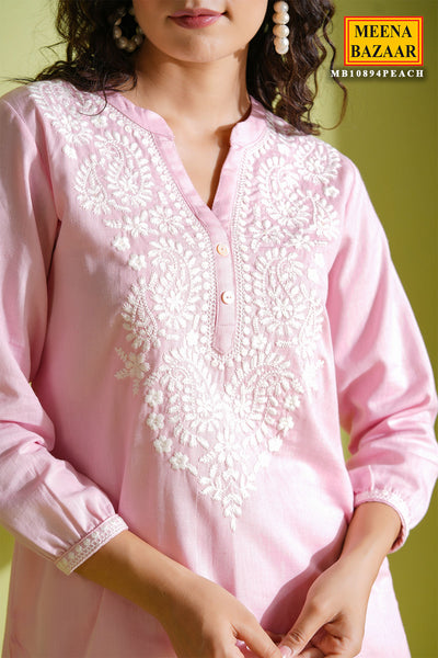 Pink Asymmetrical Cotton Thread Embroidered Kurti Pant Set