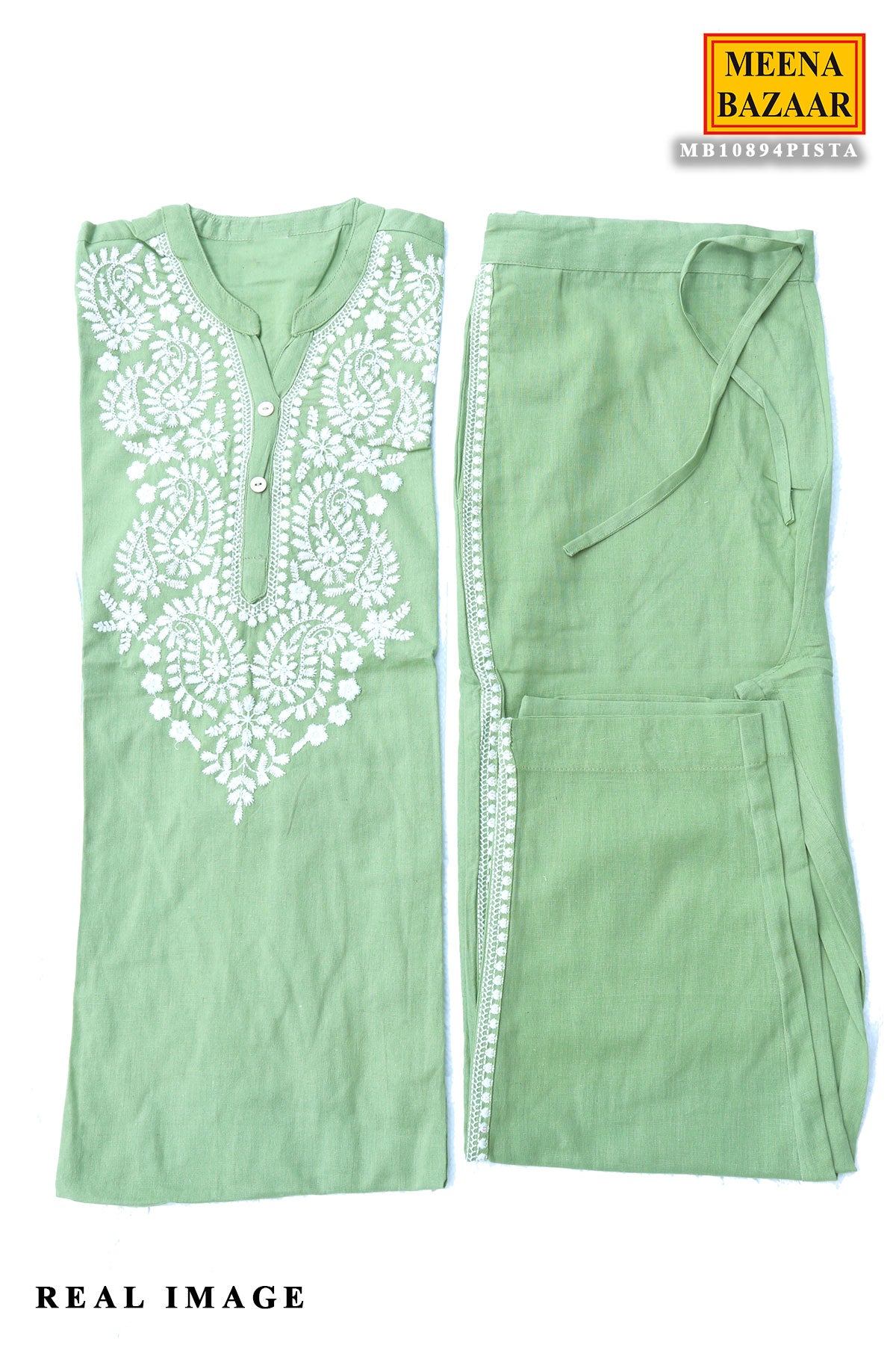 Pista Asymmetrical Cotton Thread Embroidered Kurti Pant Set
