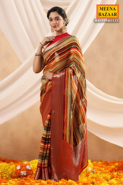 Multicoloured Silk Striped-Floral Zari Woven Saree