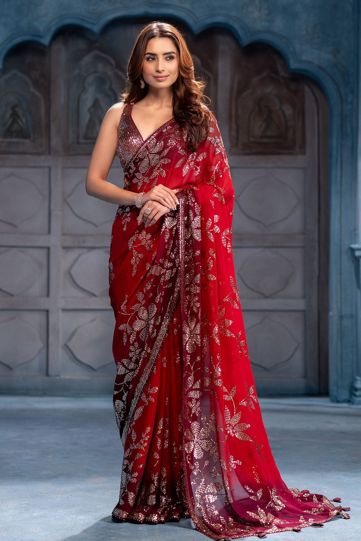 Maroon Georgette Sequins Designer Saree Party & Wedding Wear