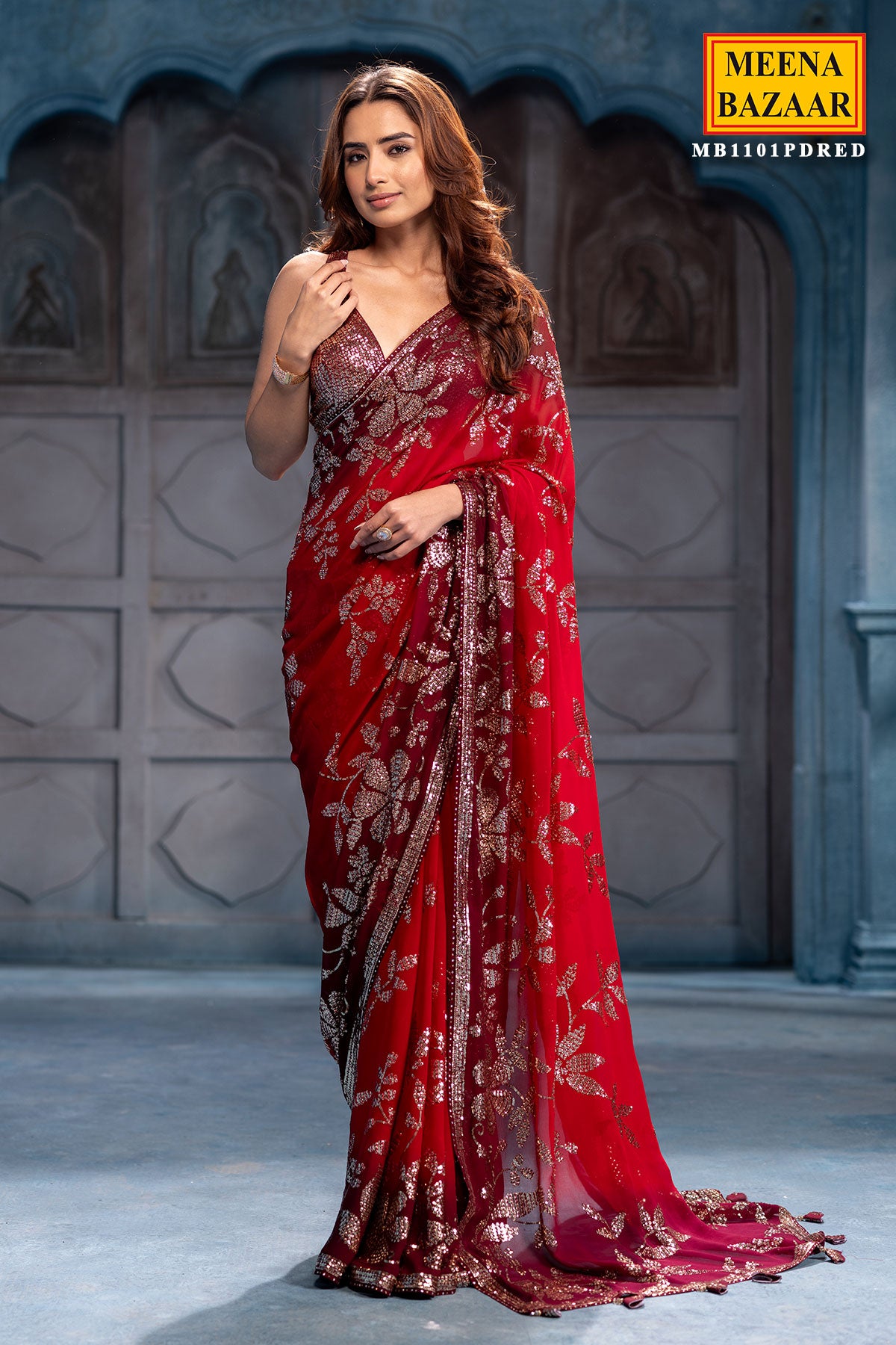 Maroon Georgette Sequins Designer Saree Party & Wedding Wear