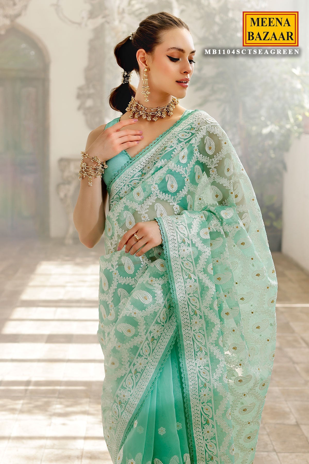 Sea Green Organza Threadwork and Zari Embroidered Saree