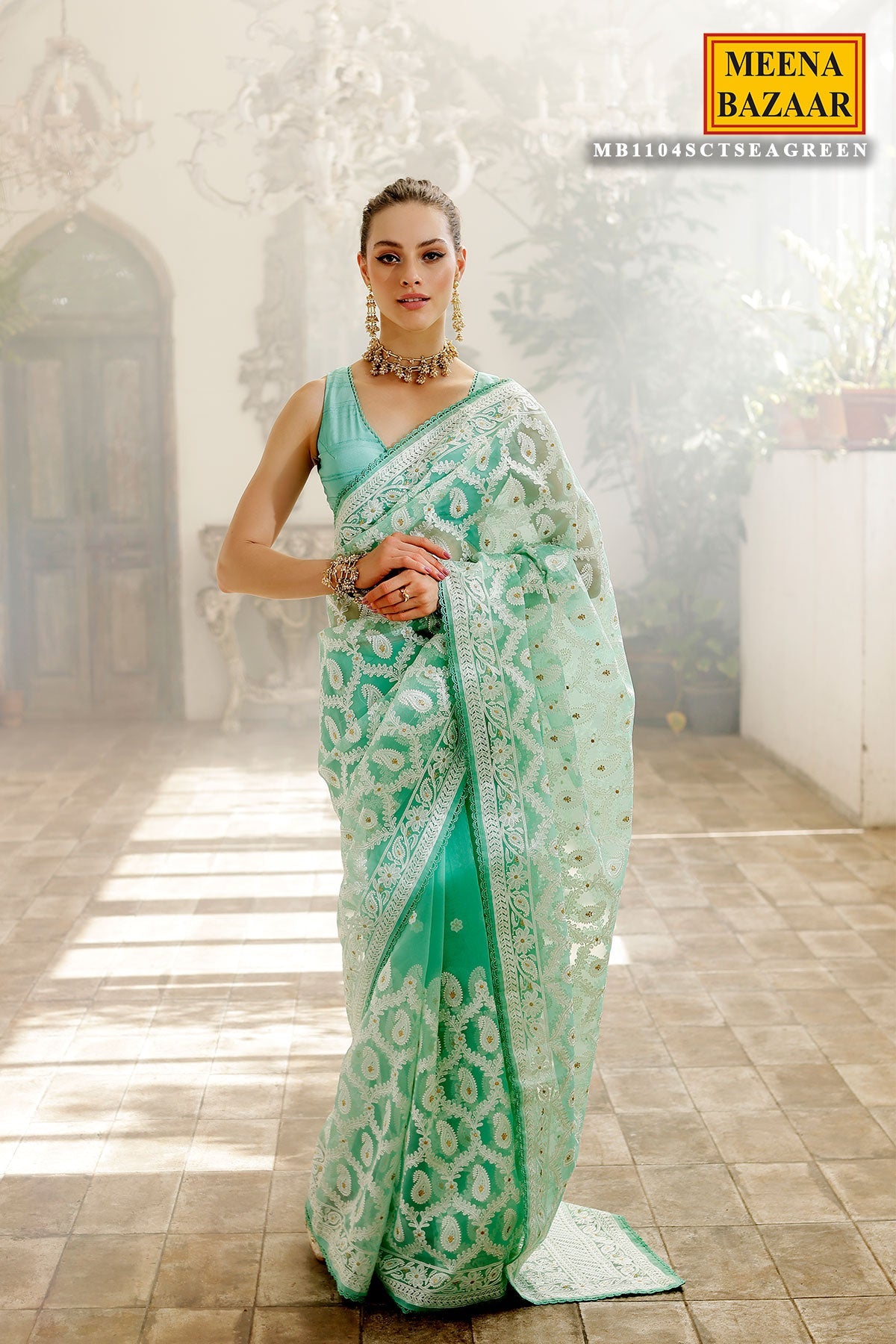 Sea Green Organza Threadwork and Zari Embroidered Saree