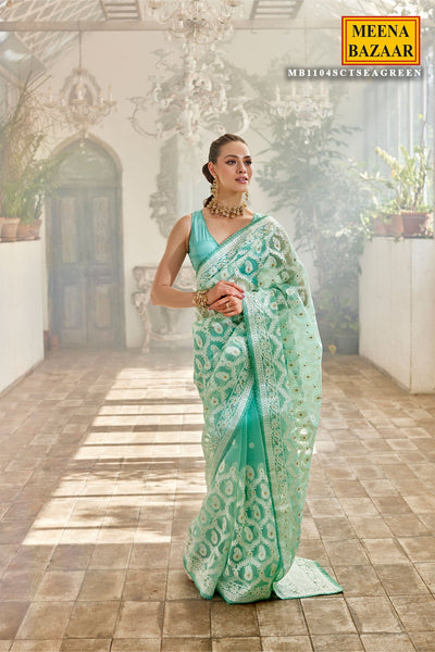 Sea Green Organza Threadwork and Zari Embroidered Saree