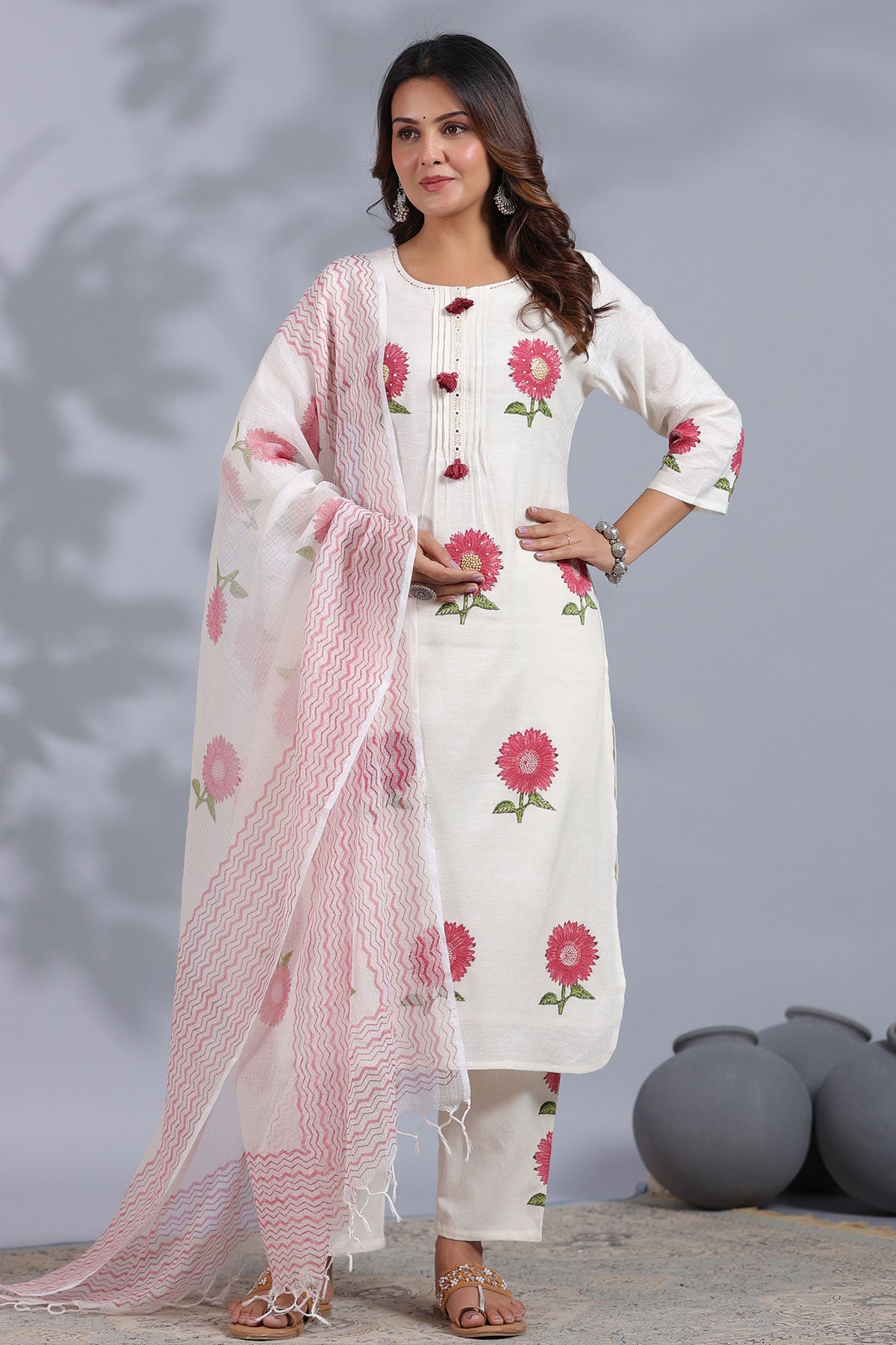 Cream Cotton Floral Printed Suit with Pants